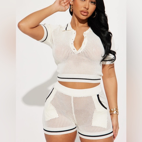 Pants - White Knit Two-Piece Set Crochet Set with Black Trim